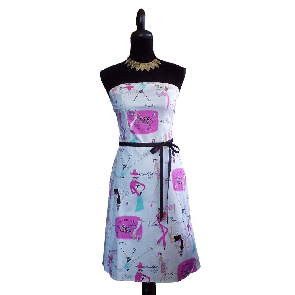 NWOT Studio Y Strapless Fashionista Print Dress